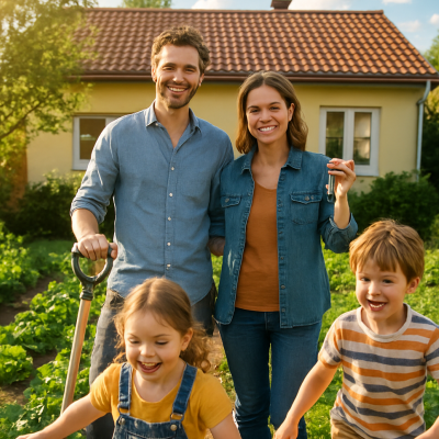 Eine Familie erobert ihren Garten am neuen Haus