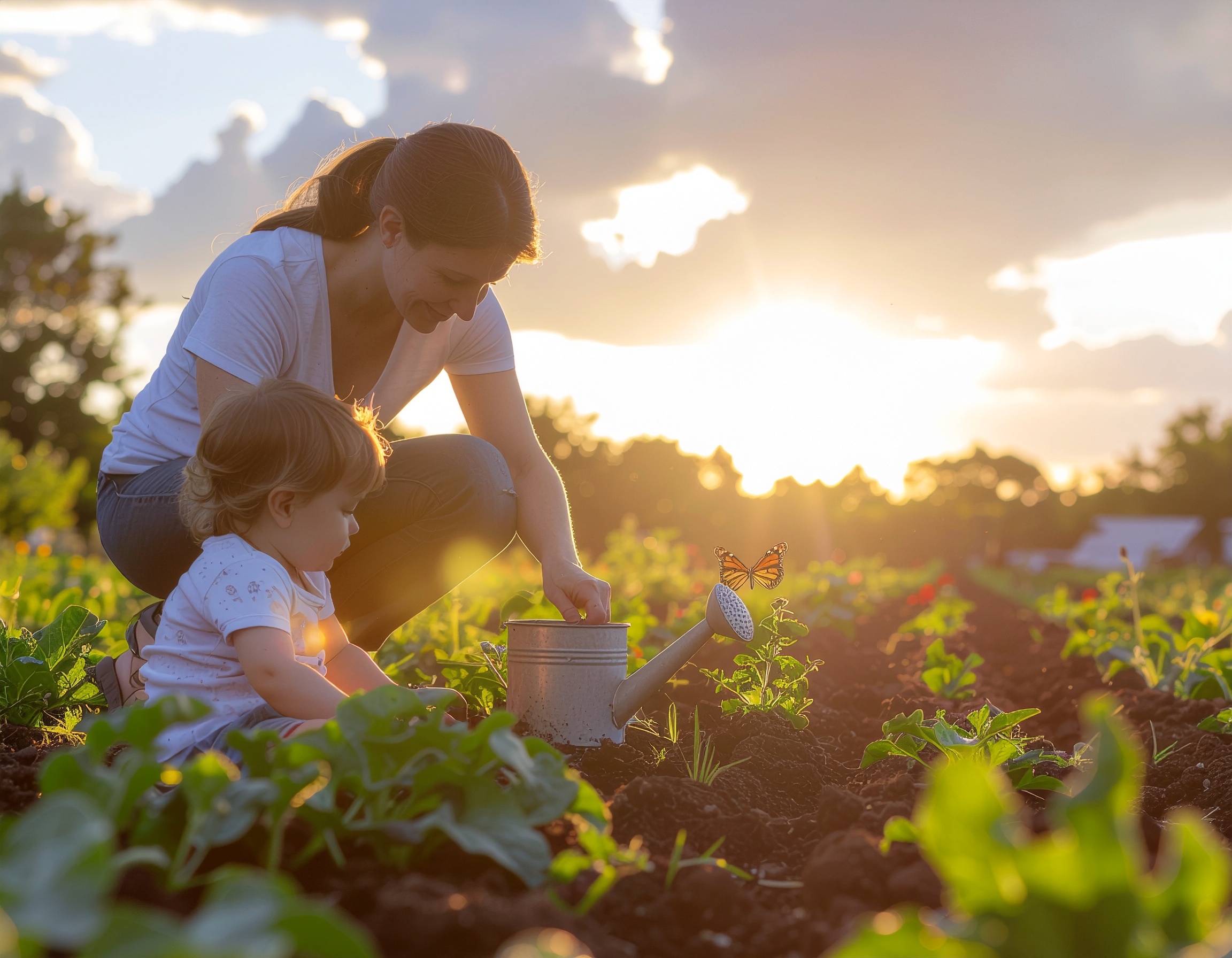 Eine Mutter zeigt ihrem Kind die Natur im Garten