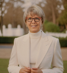 Immobilienmaklerin Simone Grams auf R&uuml;gen l&auml;chelt herzlich und begr&uuml;&szlig;t Immobilienverk&auml;uferinnen.