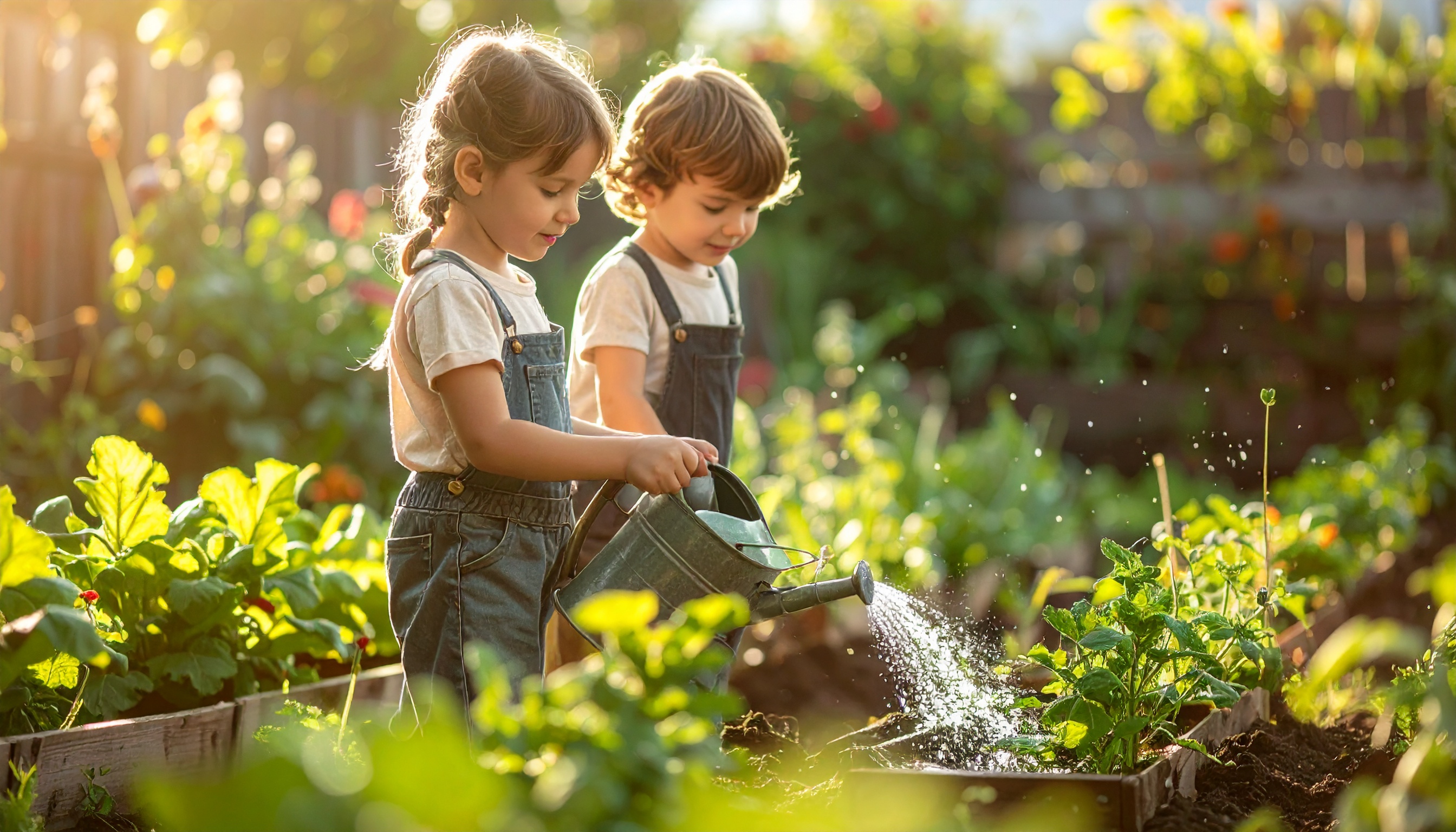 Kinder gie&szlig;en im Garten am eigenen Haus die Beete und freuen sich auf frisches Gem&uuml;se und Kr&auml;uter